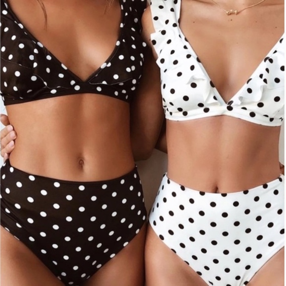 HIGH WAISTED BLACK RUFFLE POLKA DOT BIKINI - Picture 2 of 4